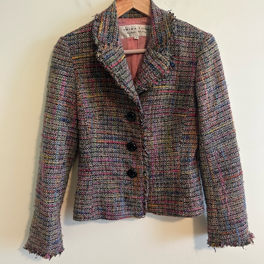 Trina Turk Vintage Wool Blend Tweed Blazer Size 4 Colorful Easter Career